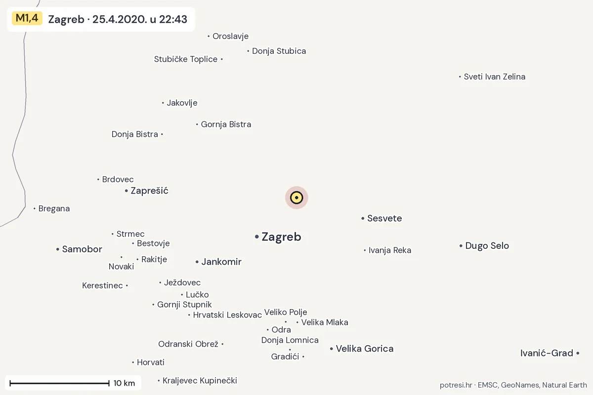 Karta: okolica epicentra, 60 km, potres M1,4, Zagreb, 25.4.2020.