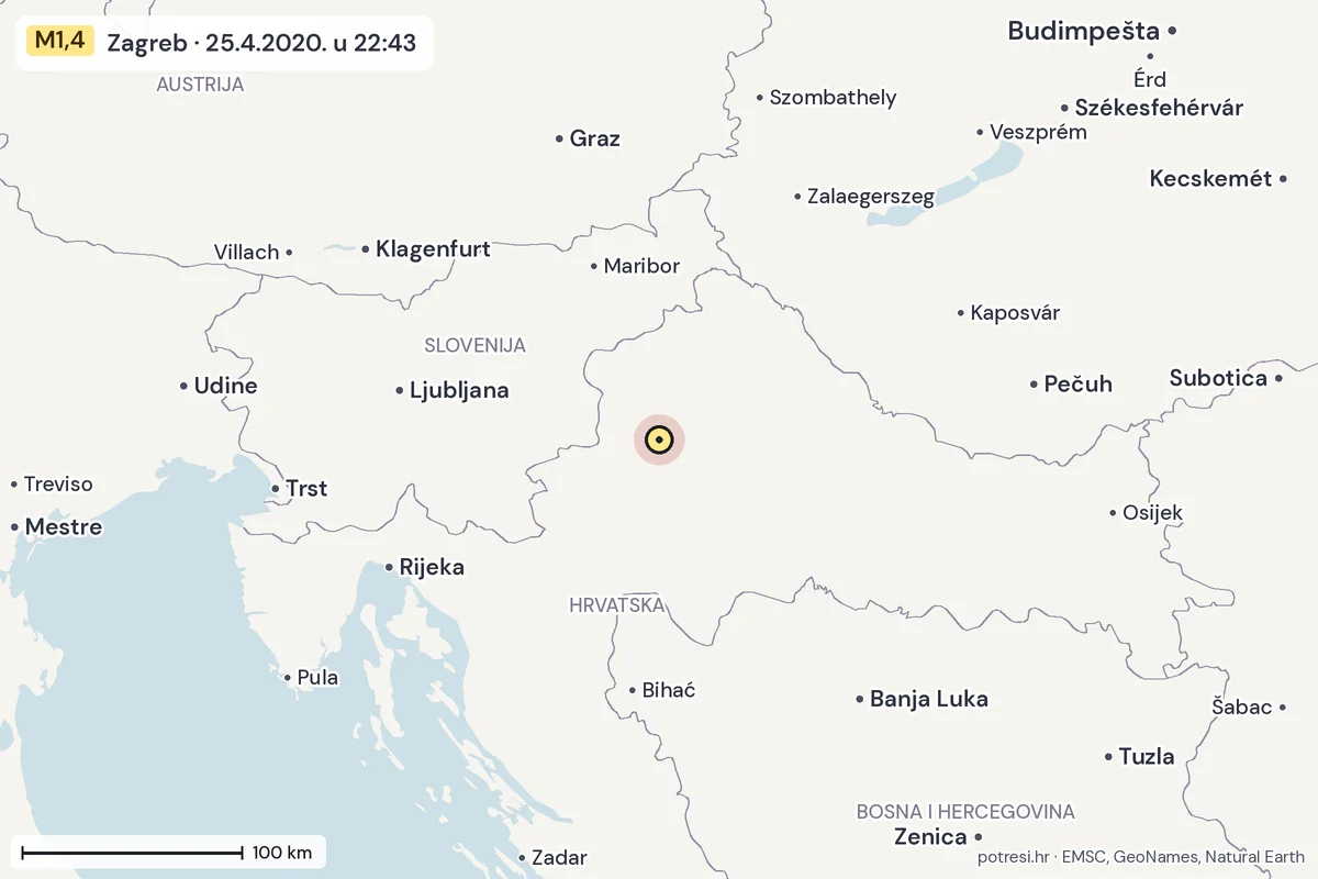 Karta: šire područje, 600 km, potres M1,4, Zagreb, 25.4.2020.
