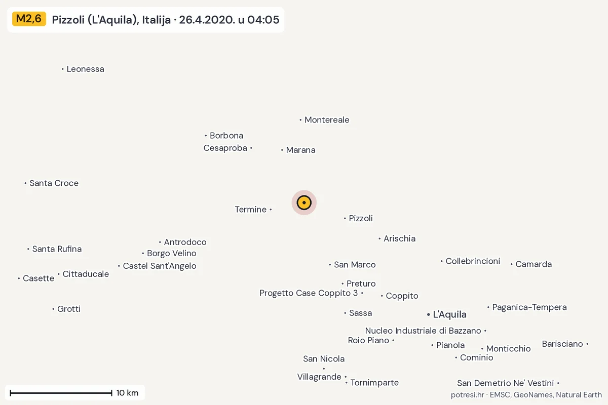 Karta: okolica epicentra, 60 km, potres M2,6, Pizzoli (L'Aquila), Italija, 26.4.2020.