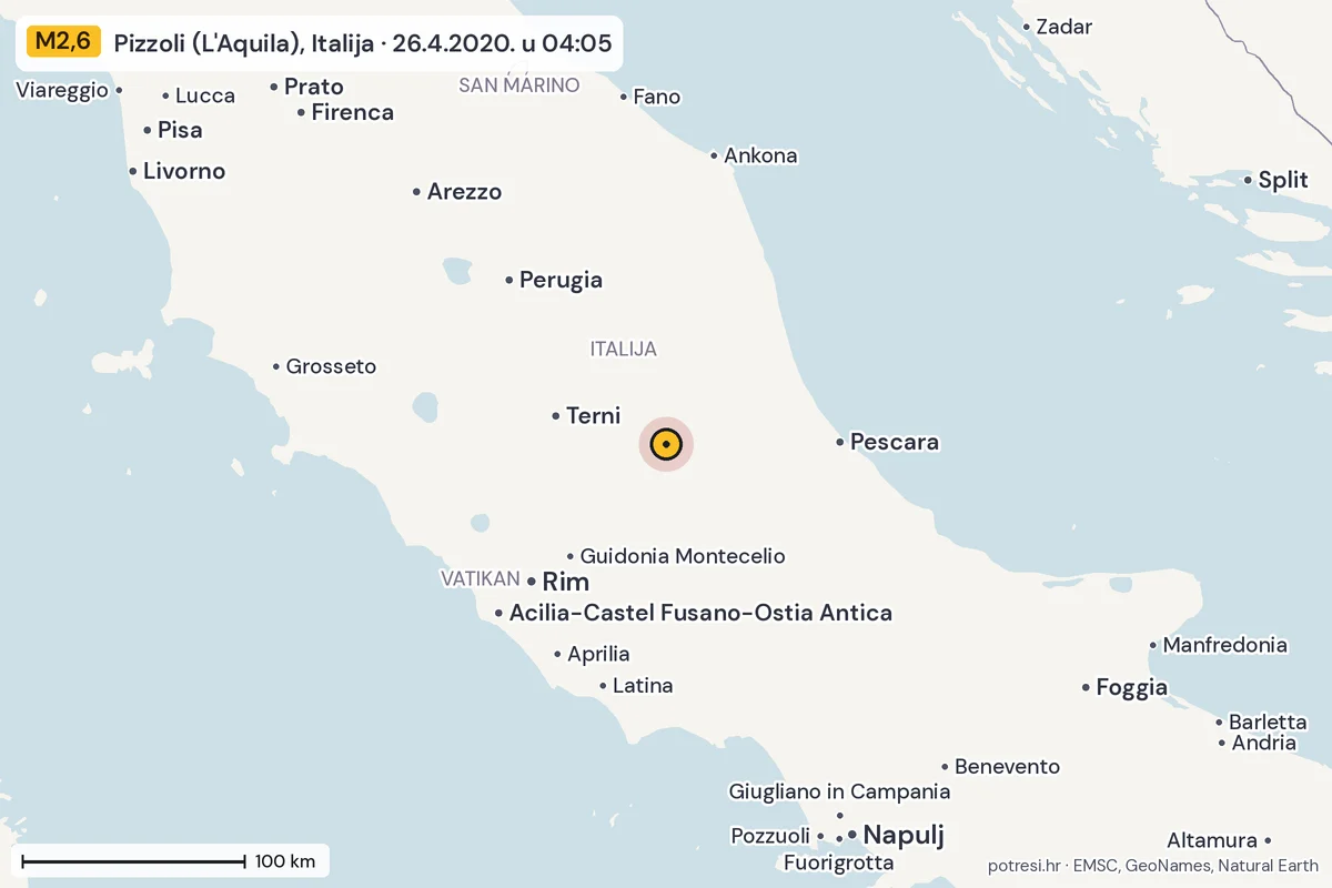 Karta: šire područje, 600 km, potres M2,6, Pizzoli (L'Aquila), Italija, 26.4.2020.