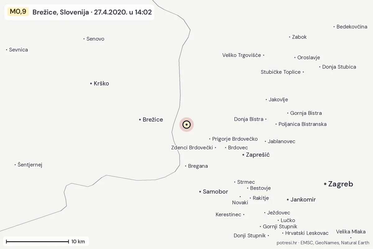 Karta: okolica epicentra, 60 km, potres M0,9, Brežice, Slovenija, 27.4.2020.