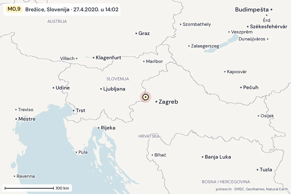 Karta: šire područje, 600 km, potres M0,9, Brežice, Slovenija, 27.4.2020.