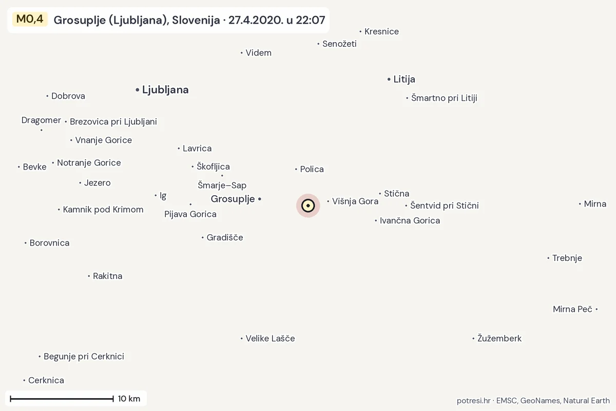 Karta: okolica epicentra, 60 km, potres M0,4, Grosuplje (Ljubljana), Slovenija, 27.4.2020.