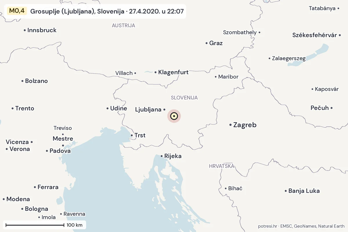 Karta: šire područje, 600 km, potres M0,4, Grosuplje (Ljubljana), Slovenija, 27.4.2020.