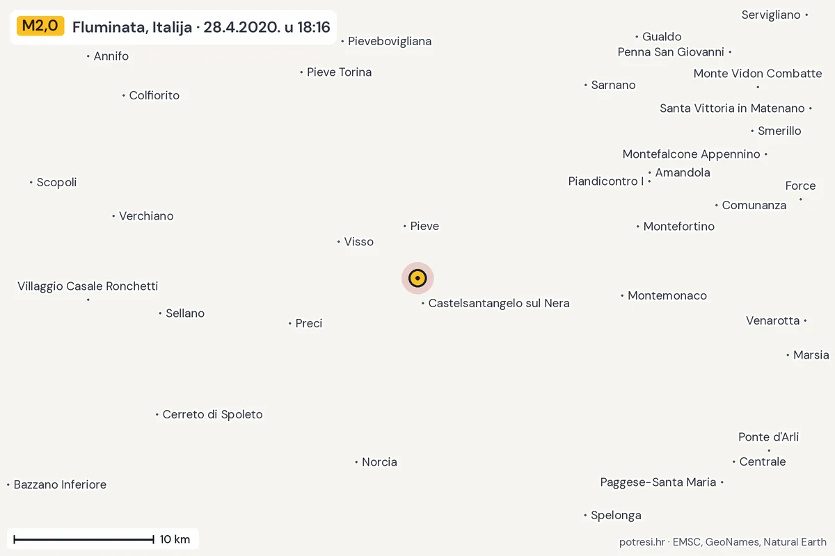 Karta: okolica epicentra, 60 km, potres M2,0, Fluminata, Italija, 28.4.2020.