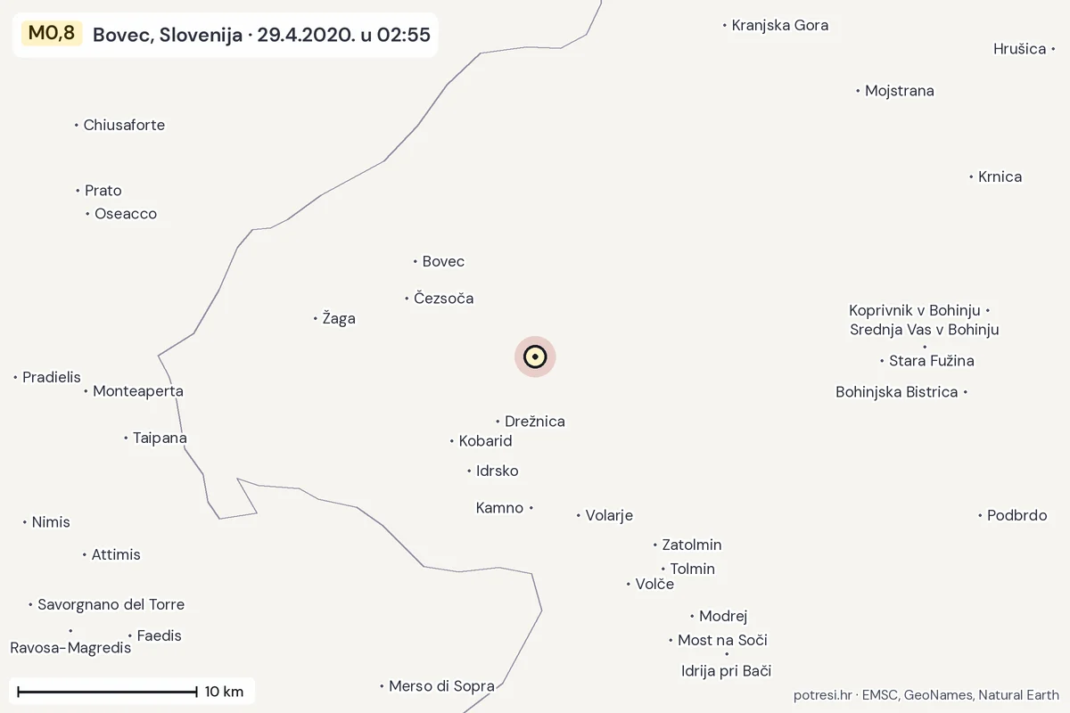 Karta: okolica epicentra, 60 km, potres M0,8, Bovec, Slovenija, 29.4.2020.