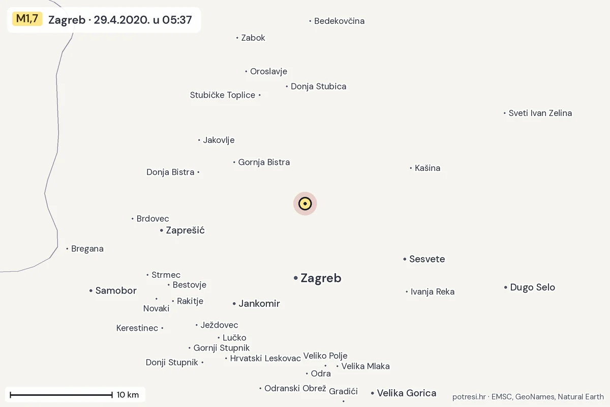 Karta: okolica epicentra, 60 km, potres M1,7, Zagreb, 29.4.2020.