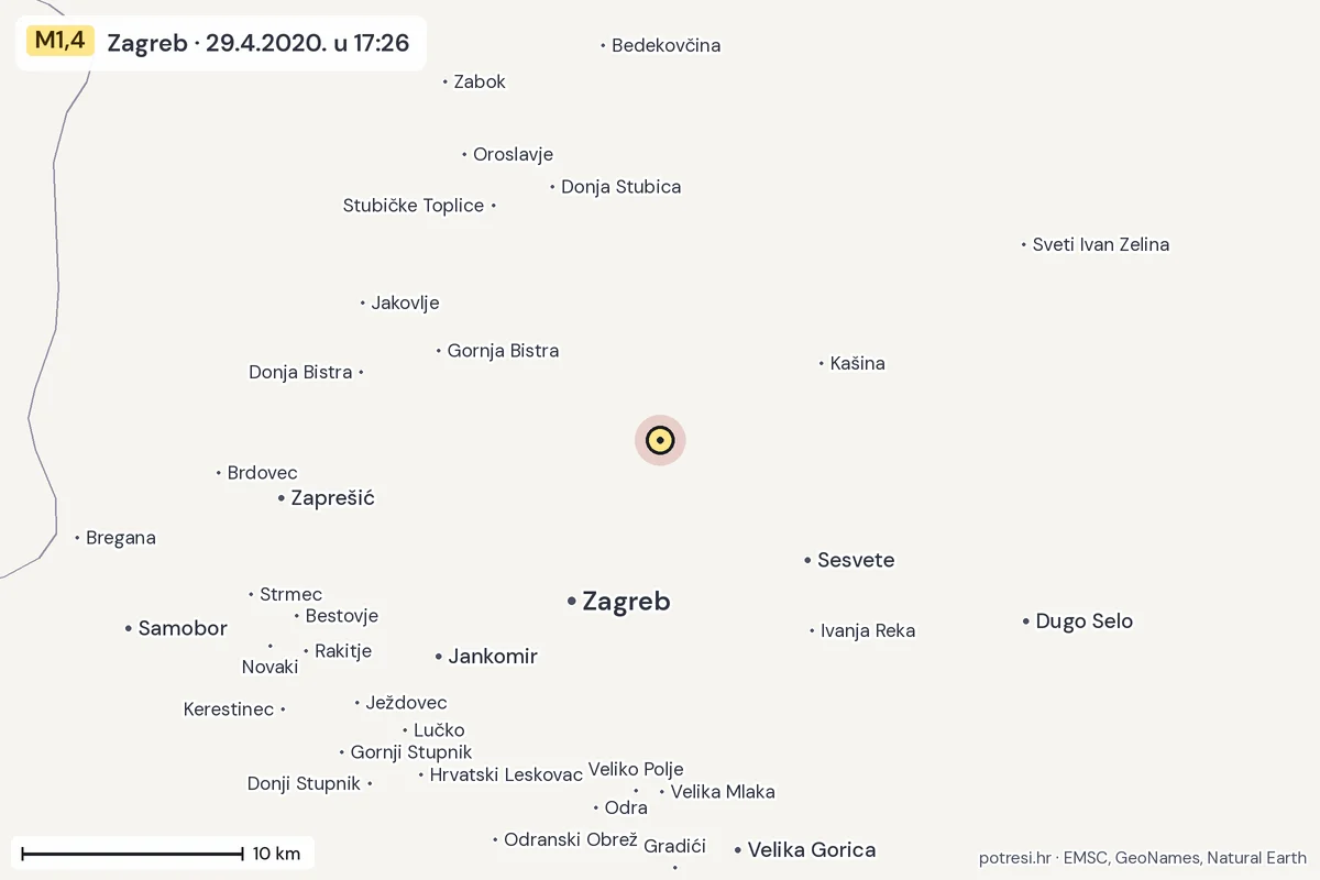 Karta: okolica epicentra, 60 km, potres M1,4, Zagreb, 29.4.2020.