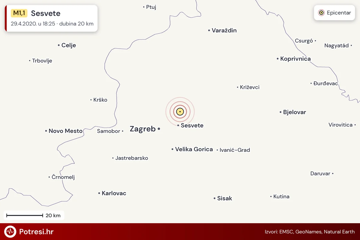 Karta: šire područje i vjerojatni doseg osjeta, potres M1,1, Sesvete, 29.4.2020.