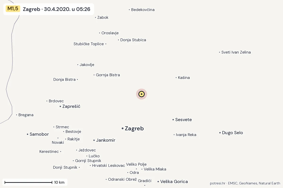 Karta: okolica epicentra, 60 km, potres M1,5, Zagreb, 30.4.2020.