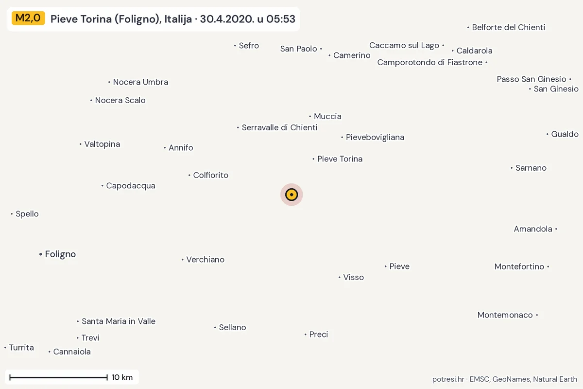 Karta: okolica epicentra, 60 km, potres M2,0, Pieve Torina (Foligno), Italija, 30.4.2020.