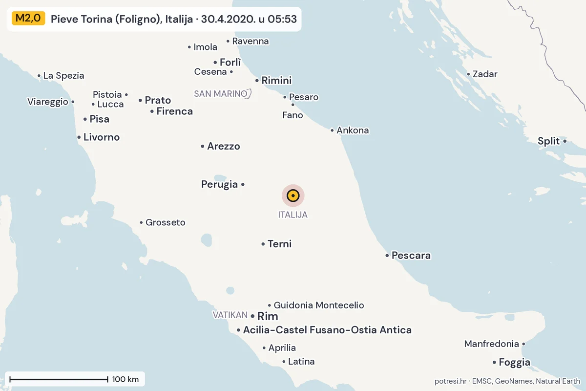 Karta: šire područje, 600 km, potres M2,0, Pieve Torina (Foligno), Italija, 30.4.2020.