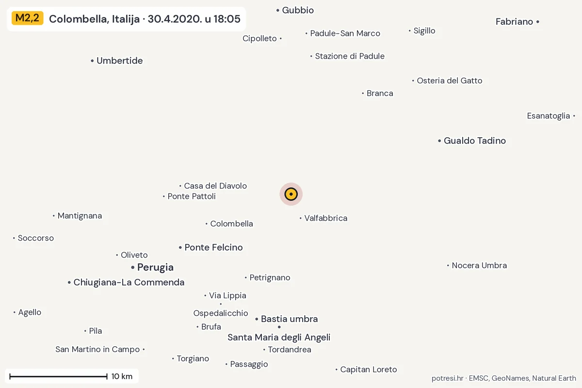 Karta: okolica epicentra, 60 km, potres M2,2, Colombella, Italija, 30.4.2020.