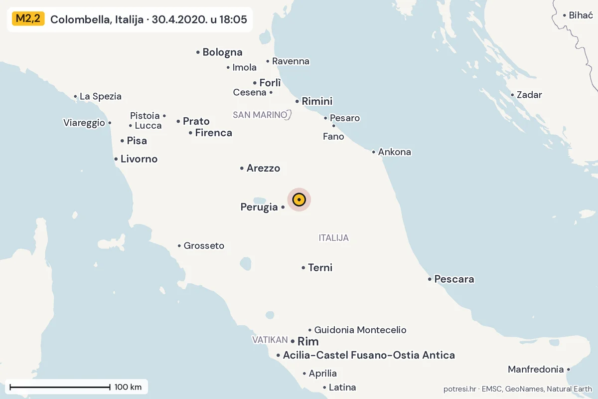 Karta: šire područje, 600 km, potres M2,2, Colombella, Italija, 30.4.2020.