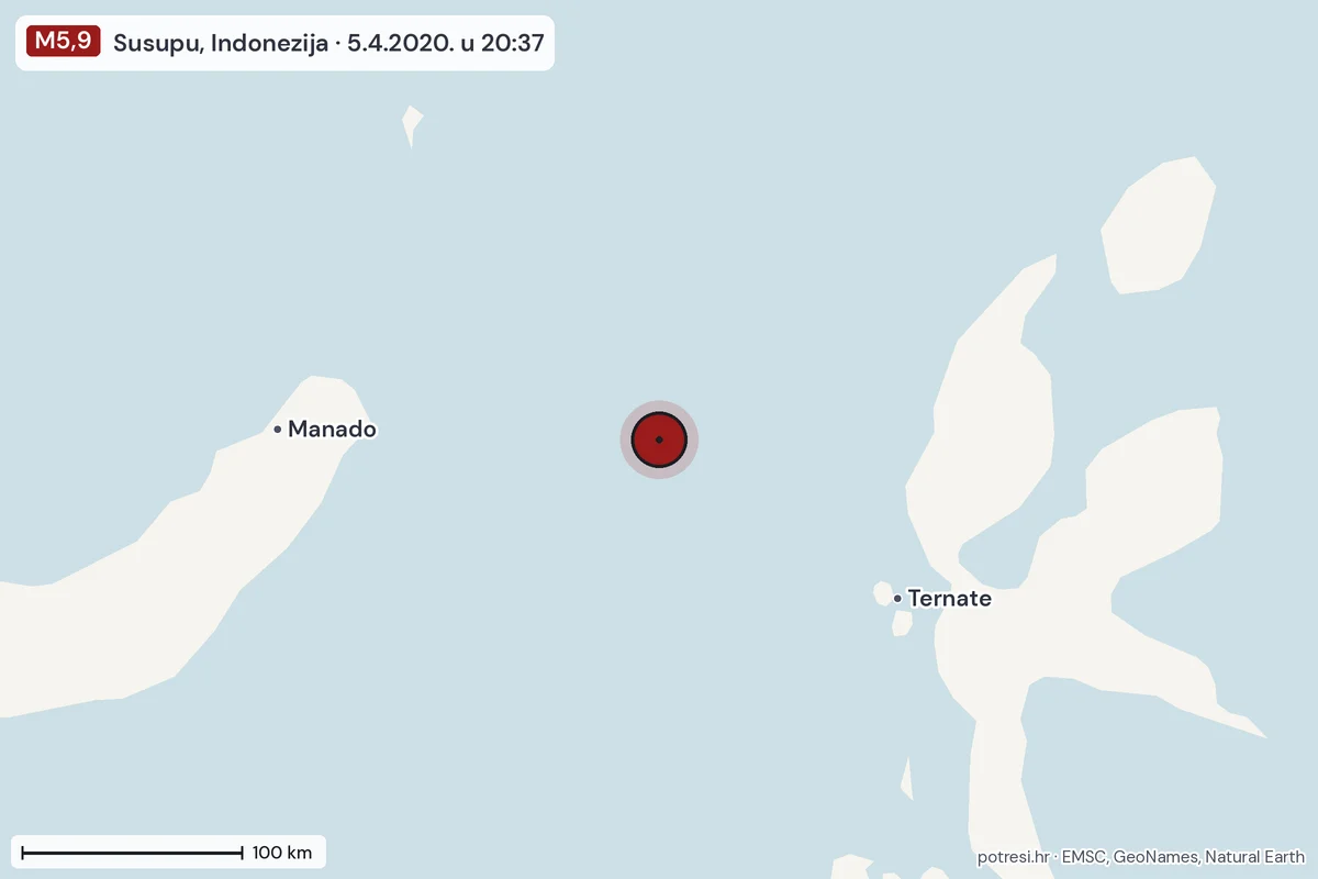Karta: šire područje, 600 km, potres M5,9, Susupu, Indonezija, 5.4.2020.