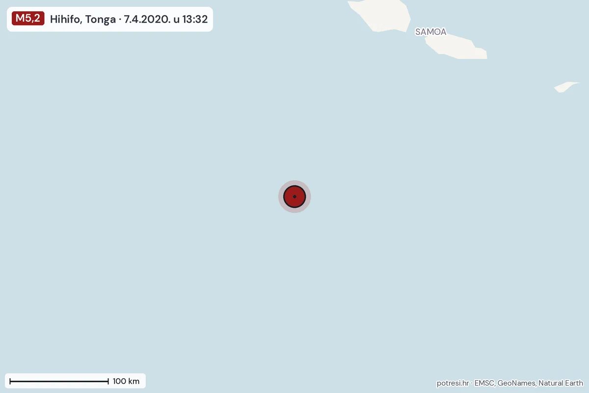 Karta: šire područje, 600 km, potres M5,2, Hihifo, Tonga, 7.4.2020.