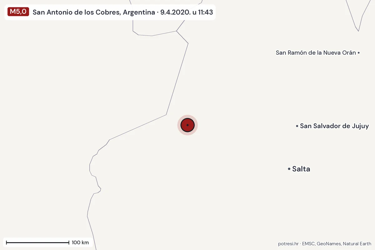 Karta: šire područje, 600 km, potres M5,0, San Antonio de los Cobres, Argentina, 9.4.2020.