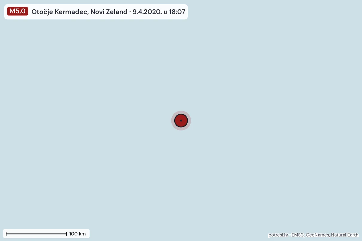 Karta: šire područje, 600 km, potres M5,0, Otočje Kermadec, Novi Zeland, 9.4.2020.