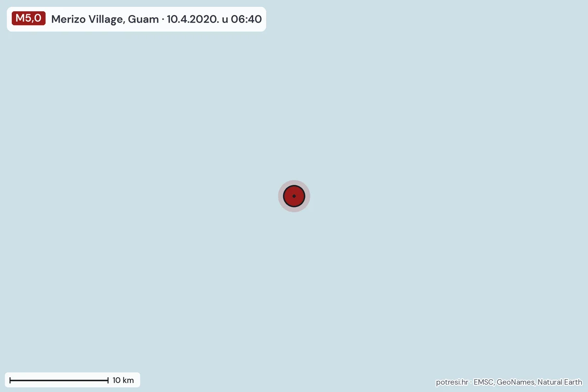 Karta: okolica epicentra, 60 km, potres M5,0, Merizo Village, Guam, 10.4.2020.