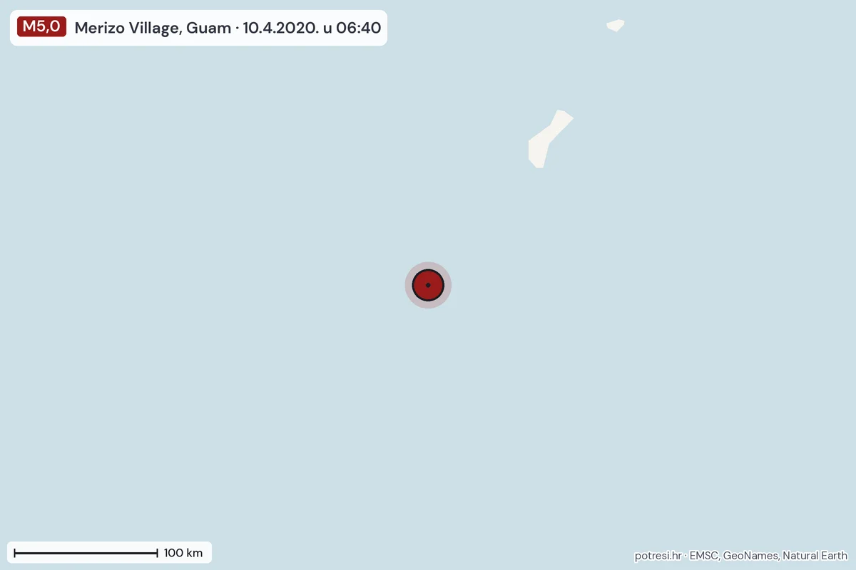 Karta: šire područje, 600 km, potres M5,0, Merizo Village, Guam, 10.4.2020.