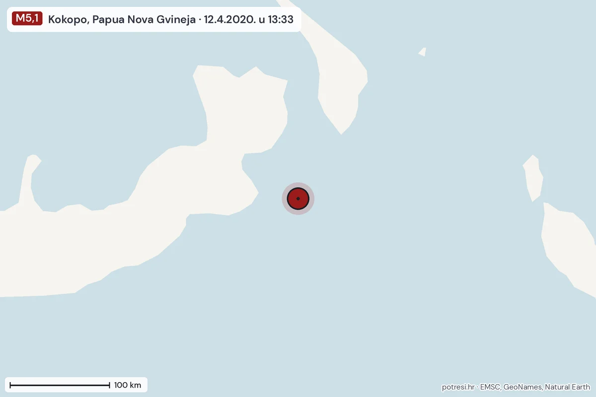 Karta: šire područje, 600 km, potres M5,1, Kokopo, Papua Nova Gvineja, 12.4.2020.