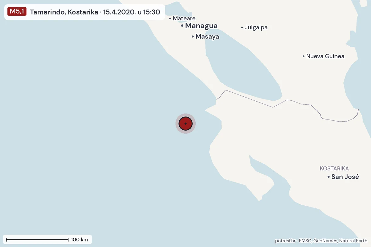 Karta: šire područje, 600 km, potres M5,1, Tamarindo, Kostarika, 15.4.2020.
