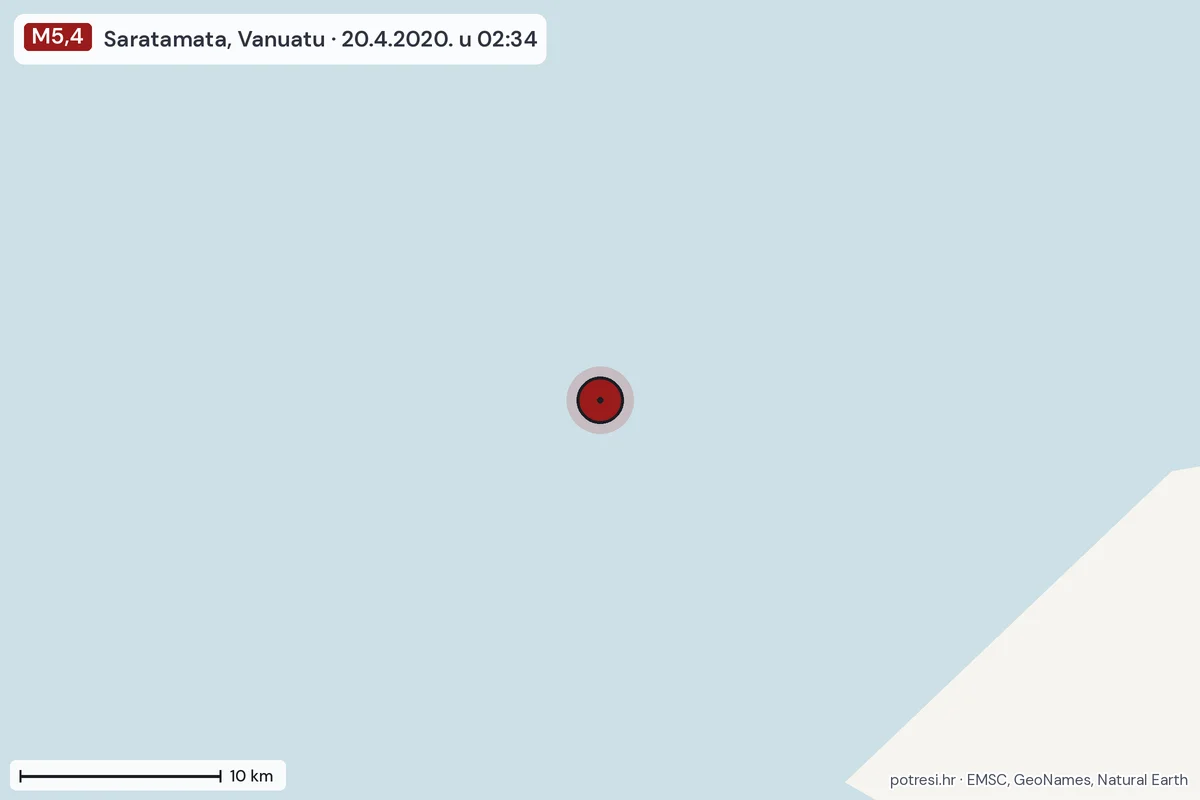 Karta: okolica epicentra, 60 km, potres M5,4, Saratamata, Vanuatu, 20.4.2020.