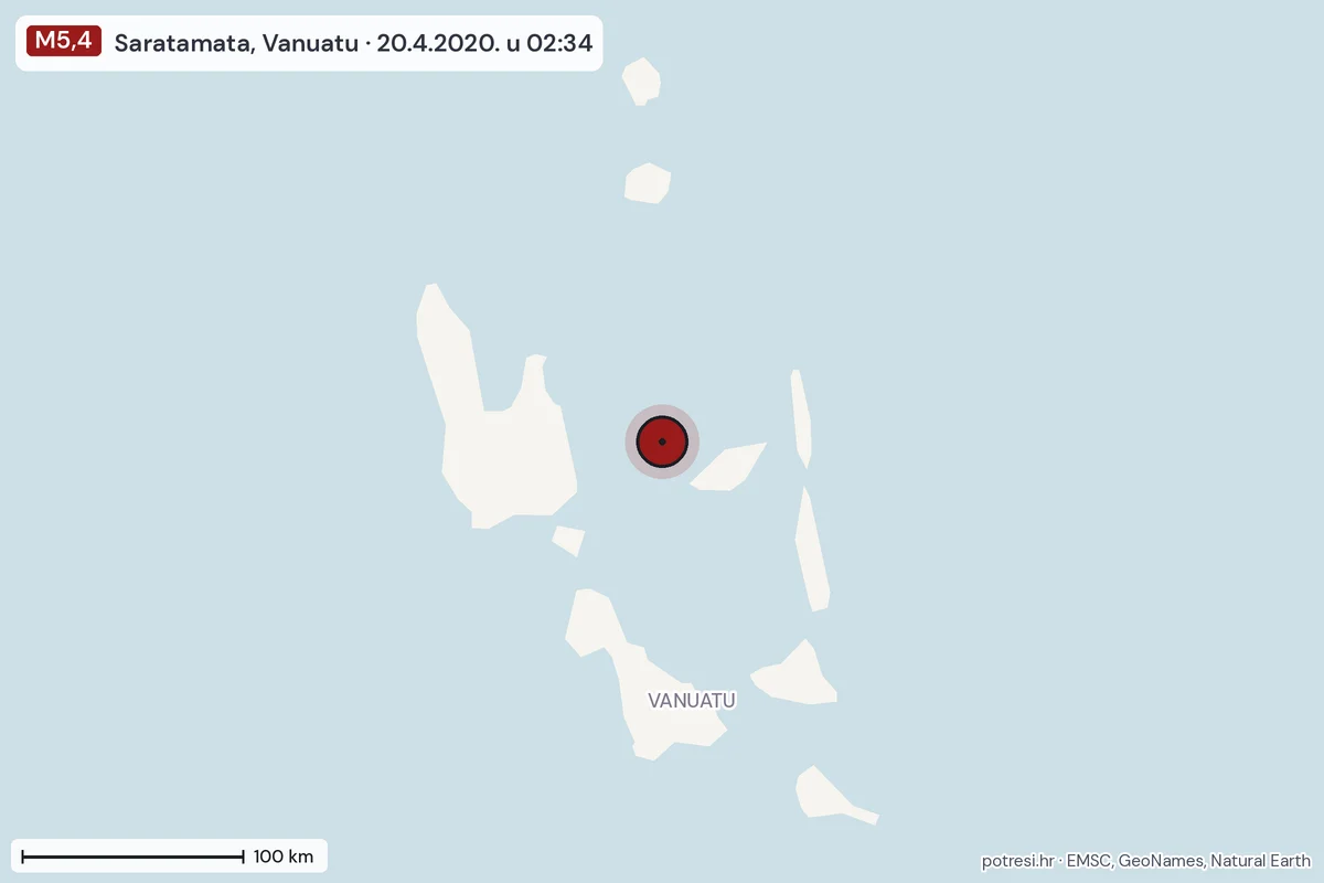 Karta: šire područje, 600 km, potres M5,4, Saratamata, Vanuatu, 20.4.2020.