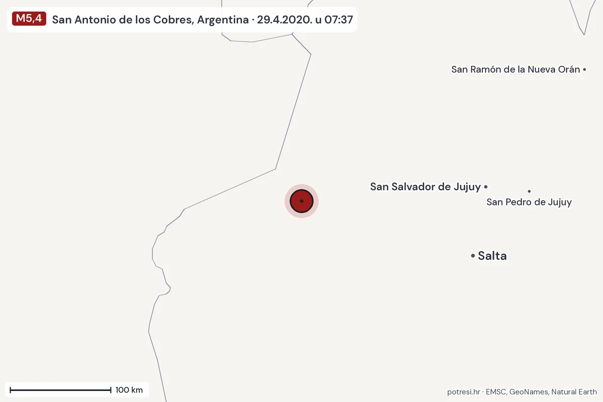 Karta: šire područje, 600 km, potres M5,4, San Antonio de los Cobres, Argentina, 29.4.2020.