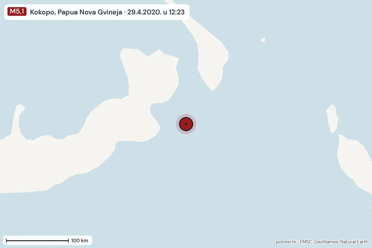 Karta: šire područje, 600 km, potres M5,1, Kokopo, Papua Nova Gvineja, 29.4.2020.