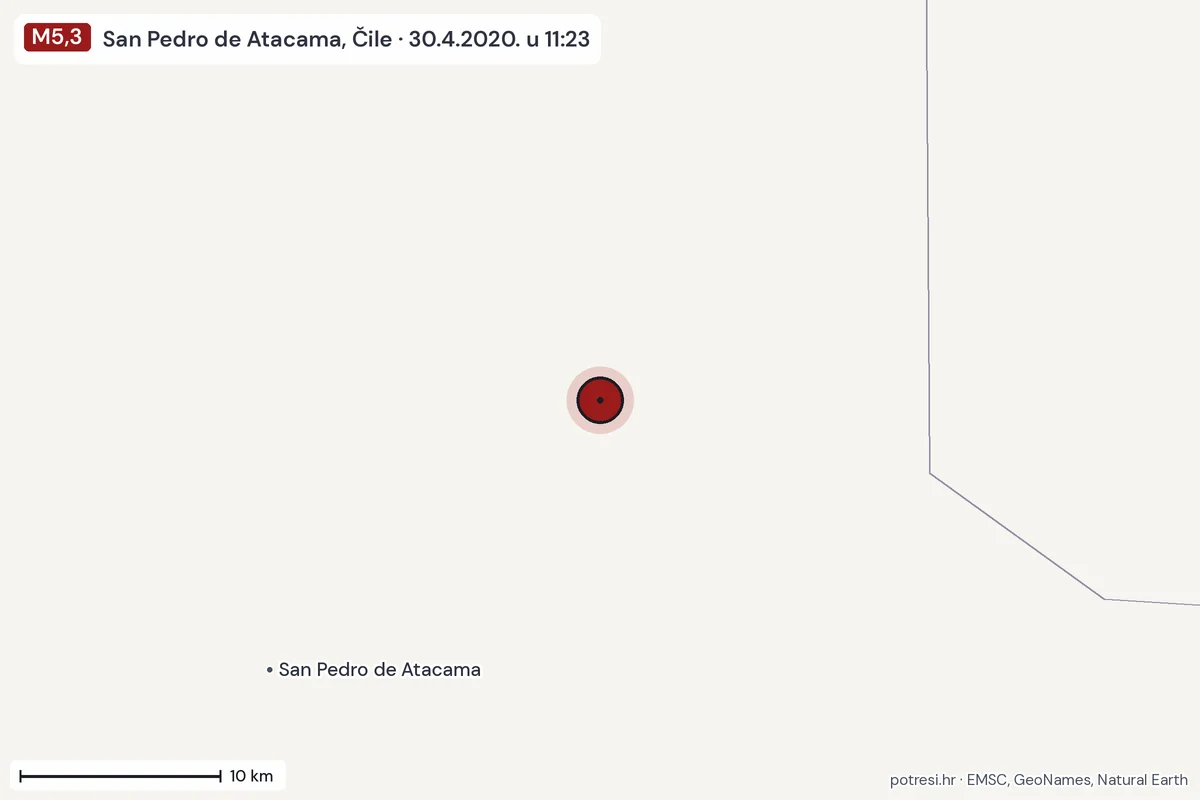 Karta: okolica epicentra, 60 km, potres M5,3, San Pedro de Atacama, Čile, 30.4.2020.