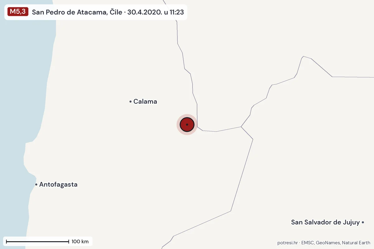 Karta: šire područje, 600 km, potres M5,3, San Pedro de Atacama, Čile, 30.4.2020.