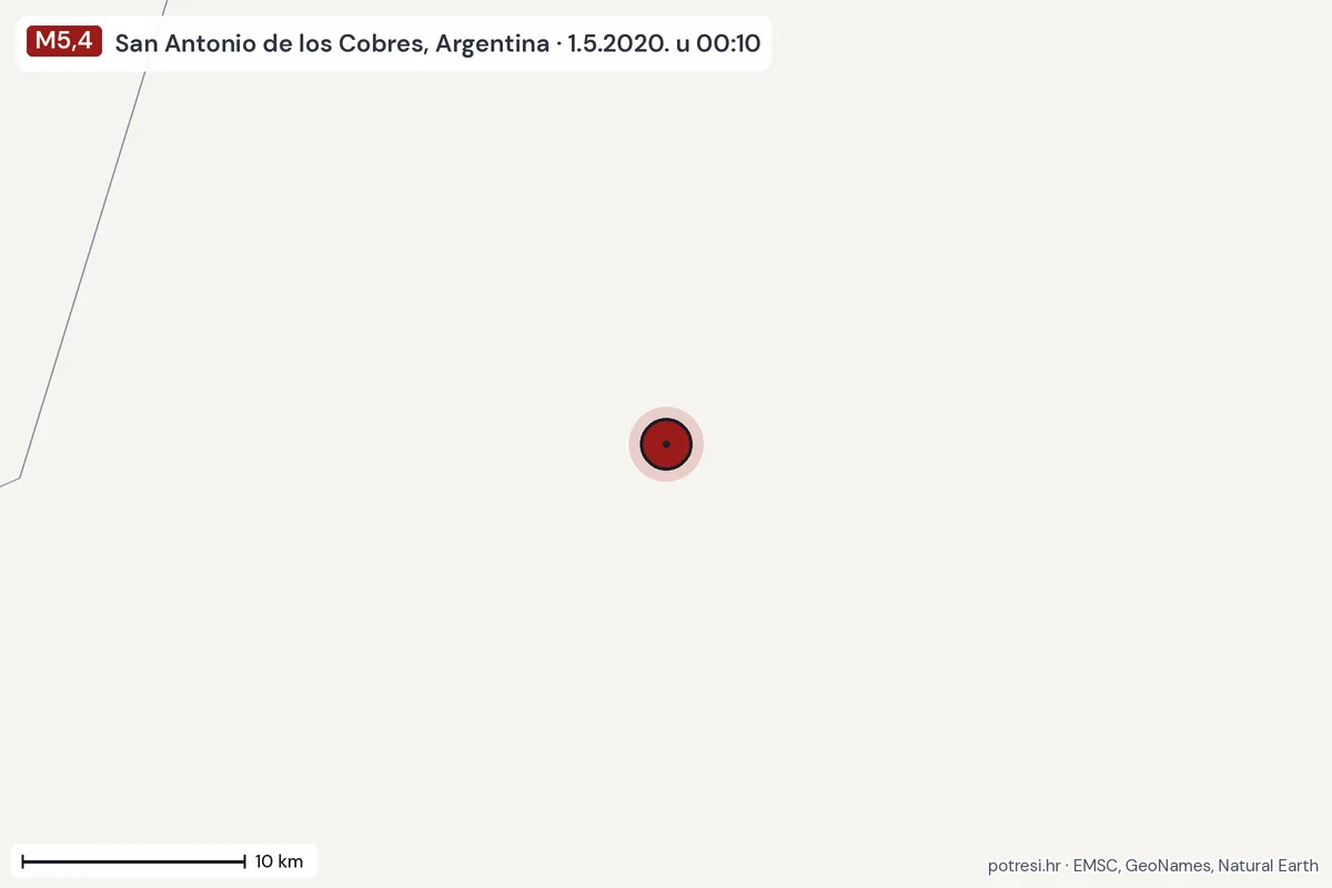 Karta: okolica epicentra, 60 km, potres M5,4, San Antonio de los Cobres, Argentina, 1.5.2020.
