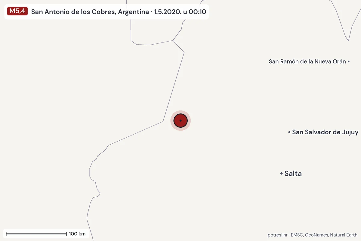 Karta: šire područje, 600 km, potres M5,4, San Antonio de los Cobres, Argentina, 1.5.2020.
