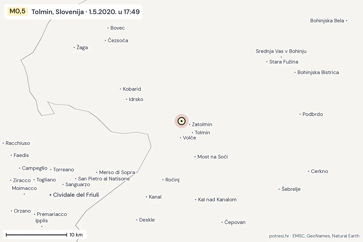 Karta: okolica epicentra, 60 km, potres M0,5, Tolmin, Slovenija, 1.5.2020.