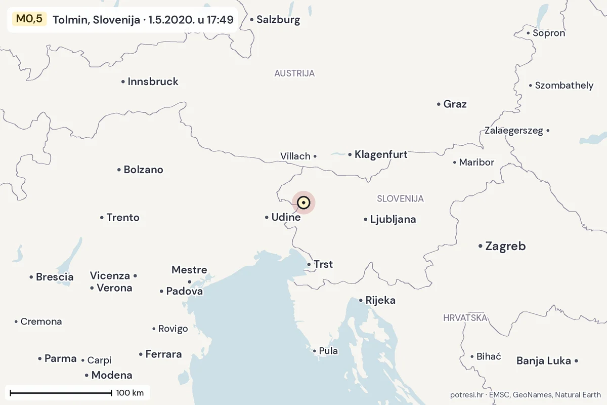 Karta: šire područje, 600 km, potres M0,5, Tolmin, Slovenija, 1.5.2020.