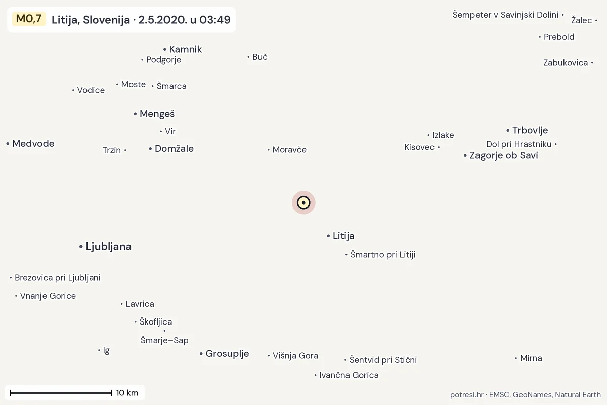 Karta: okolica epicentra, 60 km, potres M0,7, Litija, Slovenija, 2.5.2020.