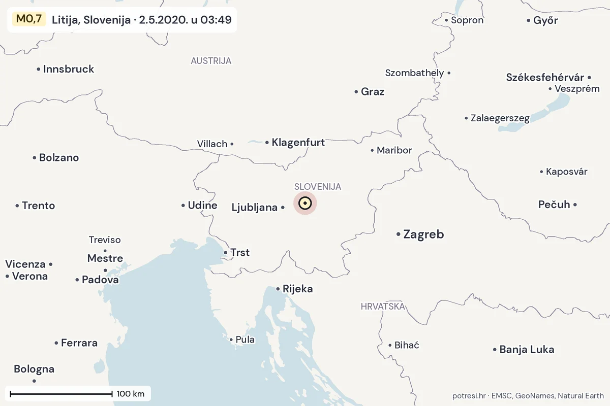 Karta: šire područje, 600 km, potres M0,7, Litija, Slovenija, 2.5.2020.