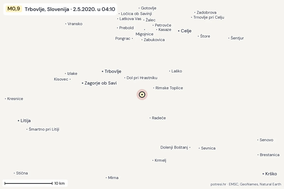 Karta: okolica epicentra, 60 km, potres M0,9, Trbovlje, Slovenija, 2.5.2020.