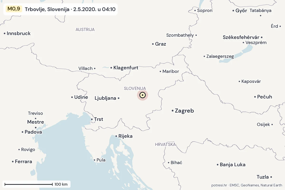 Karta: šire područje, 600 km, potres M0,9, Trbovlje, Slovenija, 2.5.2020.