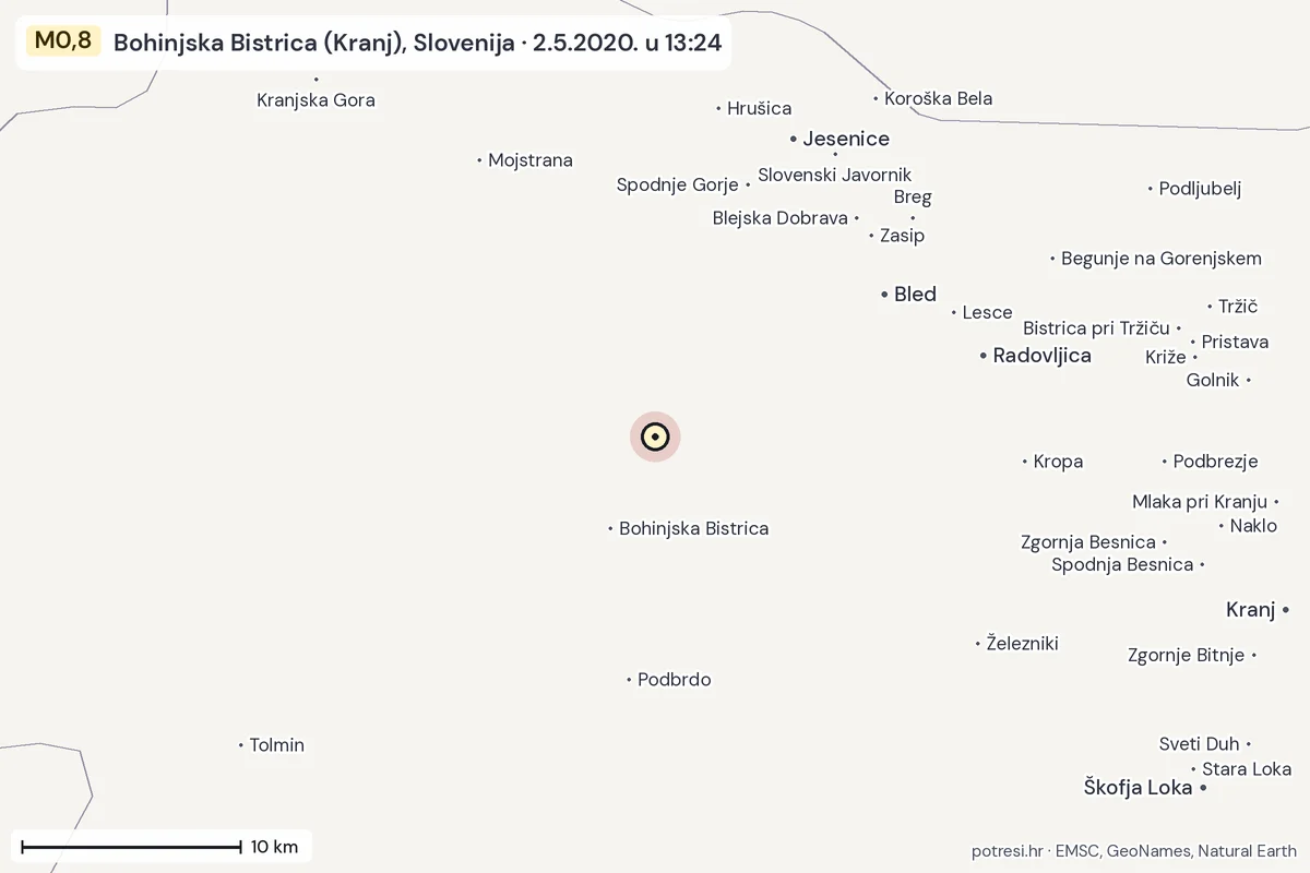 Karta: okolica epicentra, 60 km, potres M0,8, Bohinjska Bistrica (Kranj), Slovenija, 2.5.2020.