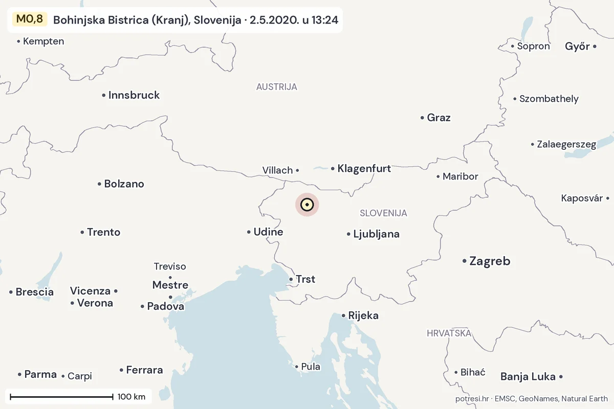 Karta: šire područje, 600 km, potres M0,8, Bohinjska Bistrica (Kranj), Slovenija, 2.5.2020.