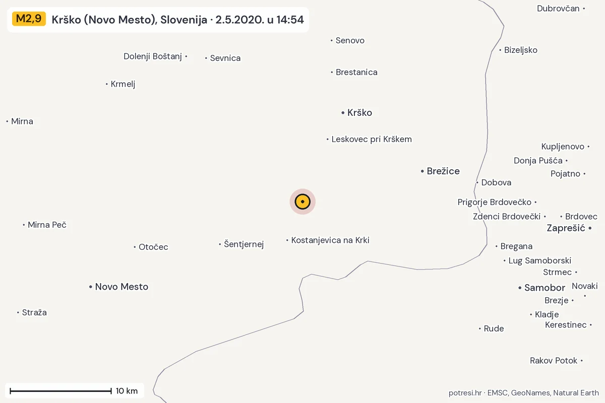 Karta: okolica epicentra, 60 km, potres M2,9, Krško (Novo Mesto), Slovenija, 2.5.2020.