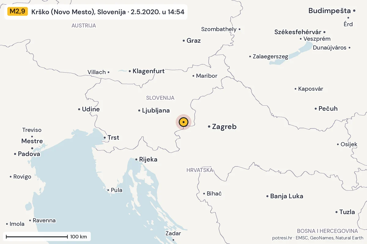 Karta: šire područje, 600 km, potres M2,9, Krško (Novo Mesto), Slovenija, 2.5.2020.