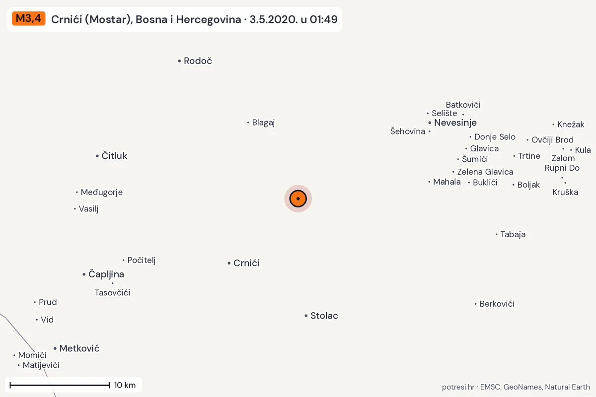 Karta: okolica epicentra, 60 km, potres M3,4, Crnići (Mostar), Bosna i Hercegovina, 3.5.2020.