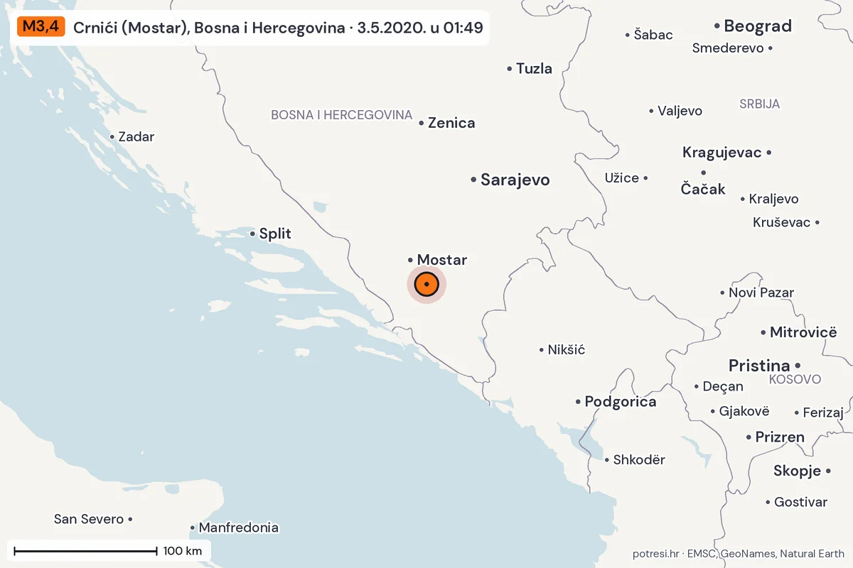 Karta: šire područje, 600 km, potres M3,4, Crnići (Mostar), Bosna i Hercegovina, 3.5.2020.