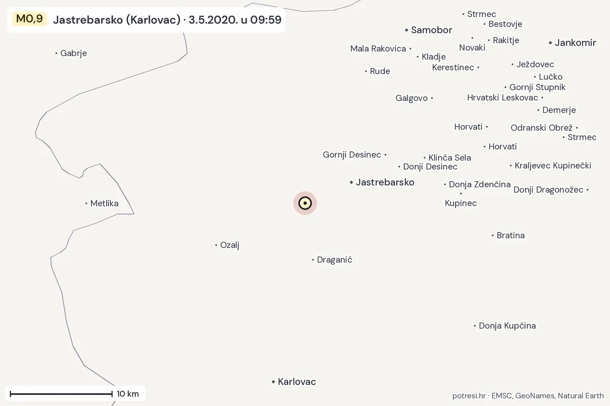 Karta: okolica epicentra, 60 km, potres M0,9, Jastrebarsko (Karlovac), 3.5.2020.