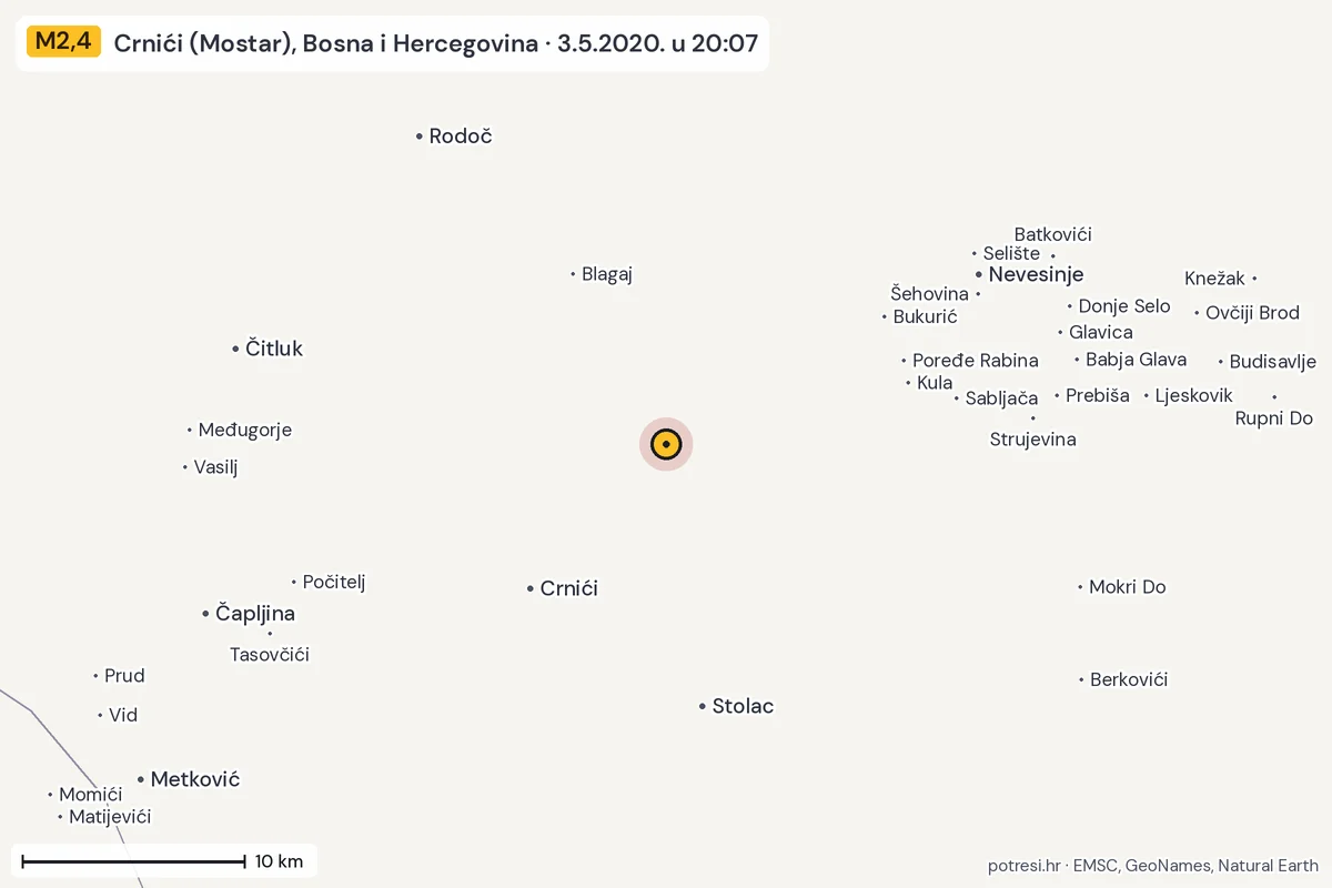 Karta: okolica epicentra, 60 km, potres M2,4, Crnići (Mostar), Bosna i Hercegovina, 3.5.2020.