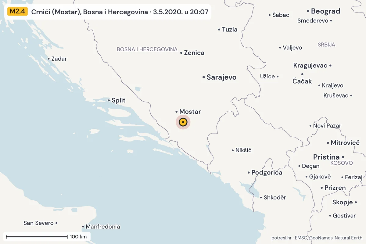 Karta: šire područje, 600 km, potres M2,4, Crnići (Mostar), Bosna i Hercegovina, 3.5.2020.