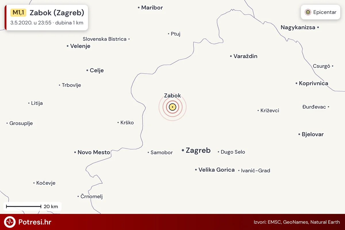 Karta: šire područje i vjerojatni doseg osjeta, potres M1,1, Zabok (Zagreb), 3.5.2020.